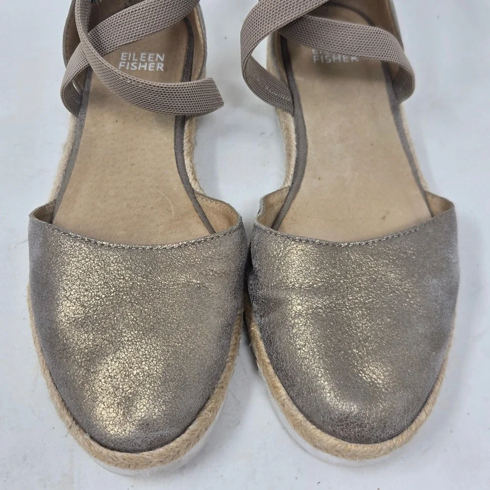 Eileen Fisher Metallic Suede‎ Espadrille Sandals Gold Taupe Ankle Strap Size 7.5